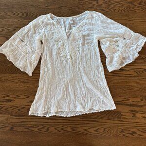 L Space Womens M Cover Up Swim White Lace Shirt Top Crochet V-neck Pullover
